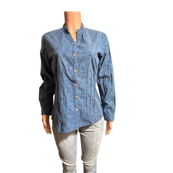 Pulp long-sleeve blue floral button-up pleated mandarin collar shirt M - Picture 4 of 4